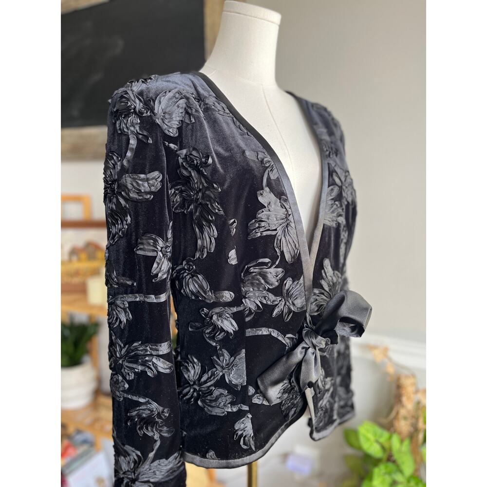 Vintage 90s Black Velvet Evening Jacket Textured Floral Avant Garde Size Medium